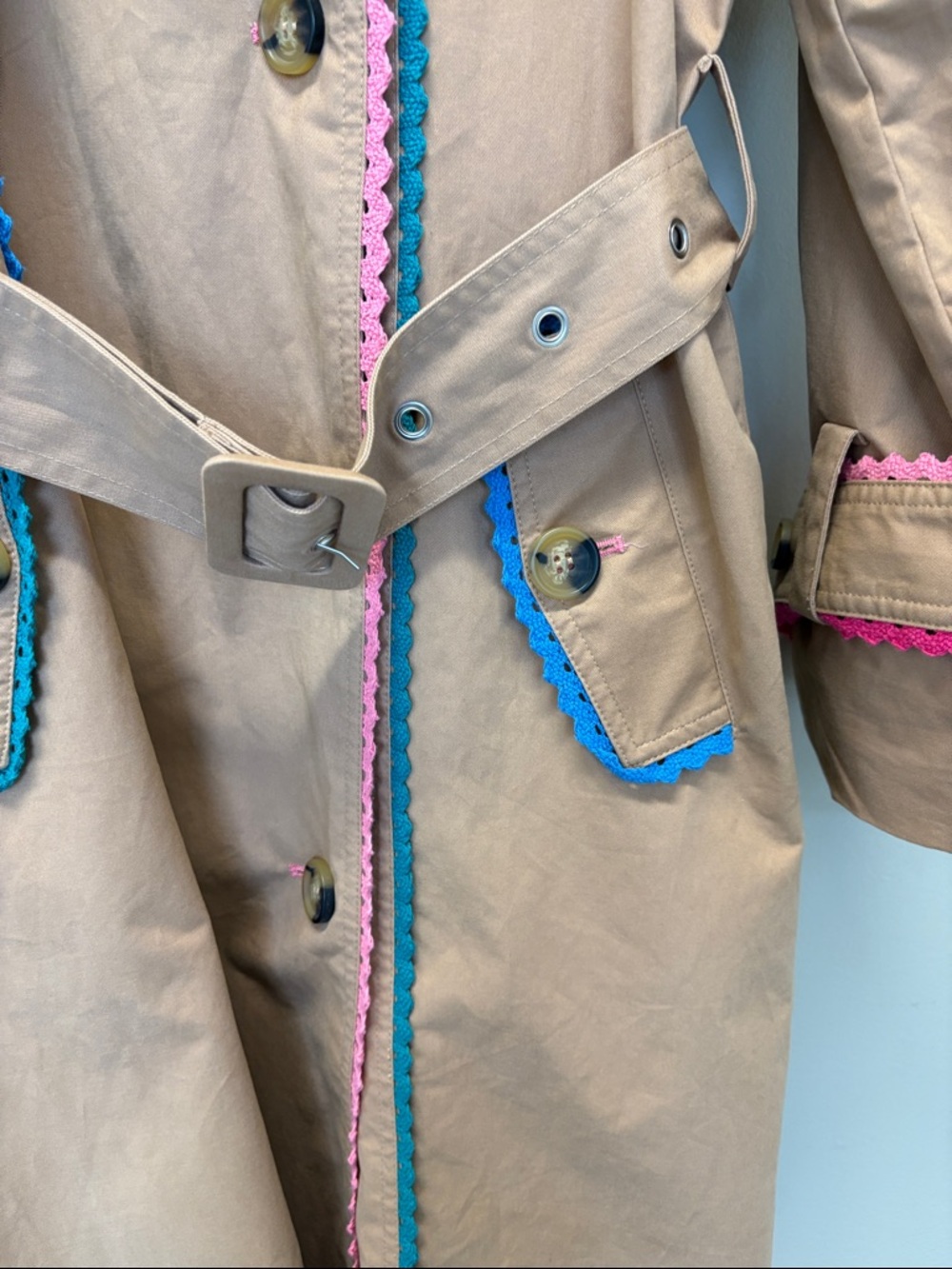 Beige Trench Coat with Pink Trim - Women's Classic Belted Coat - Picture 4 of 6